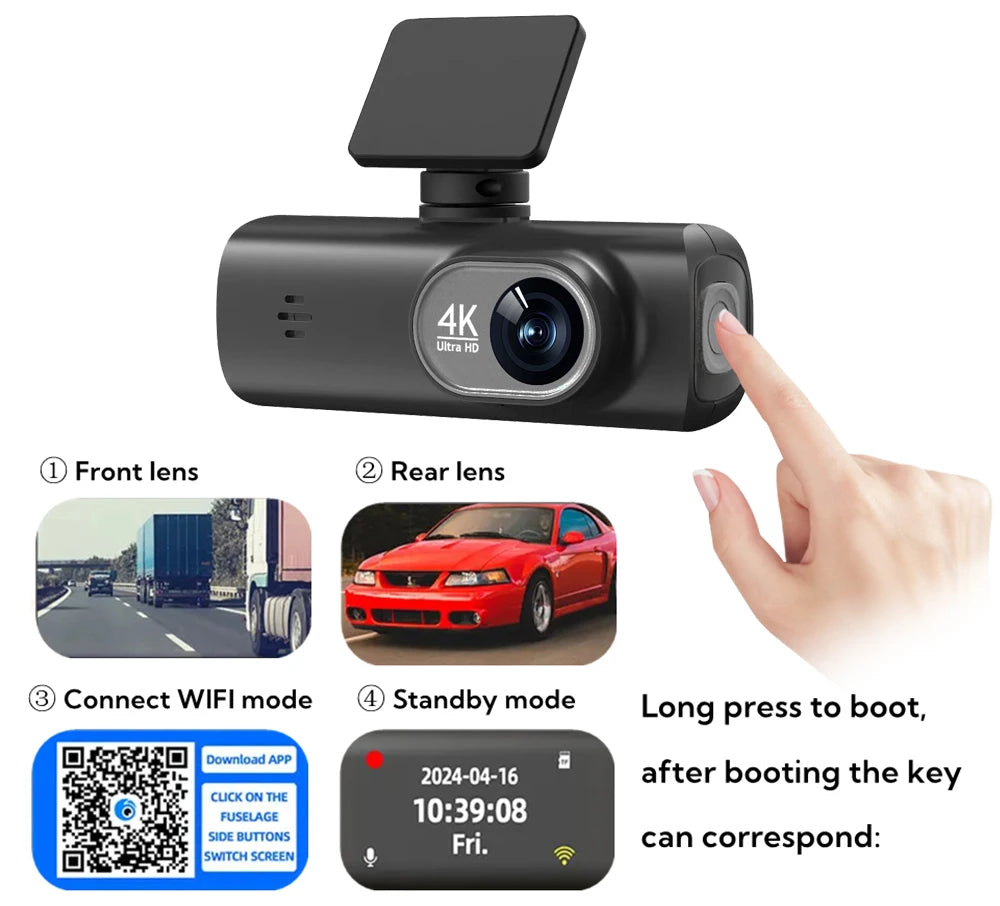 GlowRide™ AI Dash Cam 4K WiFi — Dual Lens Front & Rear Night Vision