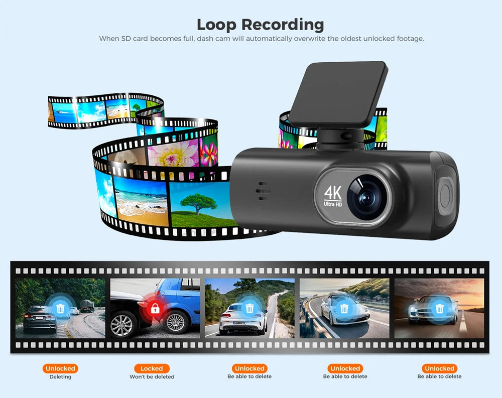 GlowRide™ AI Dash Cam 4K WiFi — Dual Lens Front & Rear Night Vision