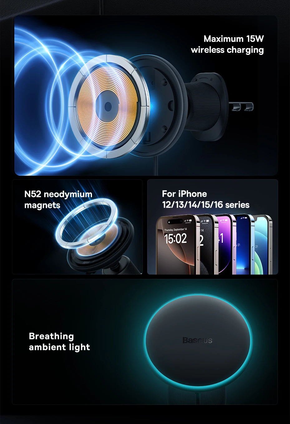 GlowRide™ Magnetic Wireless Car Charger — 15W Fast Charging