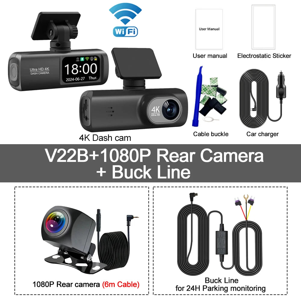 GlowRide™ AI Dash Cam 4K WiFi — Dual Lens Front & Rear Night Vision