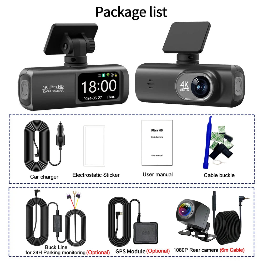 GlowRide™ AI Dash Cam 4K WiFi — Dual Lens Front & Rear Night Vision