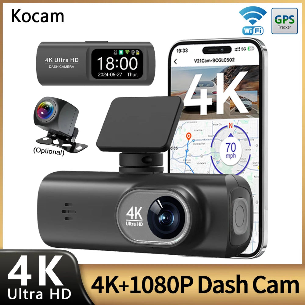 GlowRide™ AI Dash Cam 4K WiFi — Dual Lens Front & Rear Night Vision