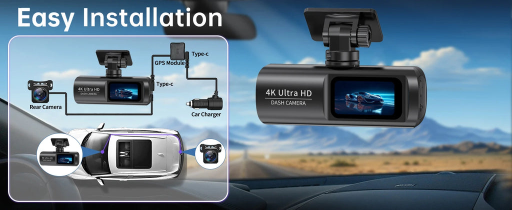 GlowRide™ AI Dash Cam 4K WiFi — Dual Lens Front & Rear Night Vision