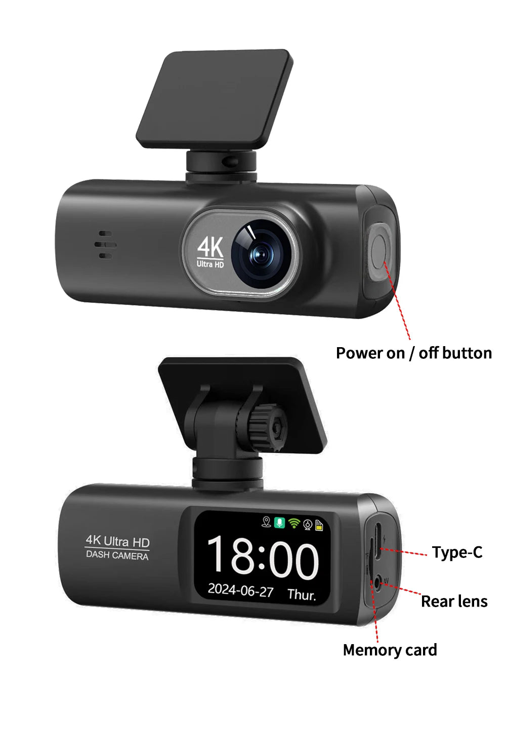 GlowRide™ AI Dash Cam 4K WiFi — Dual Lens Front & Rear Night Vision