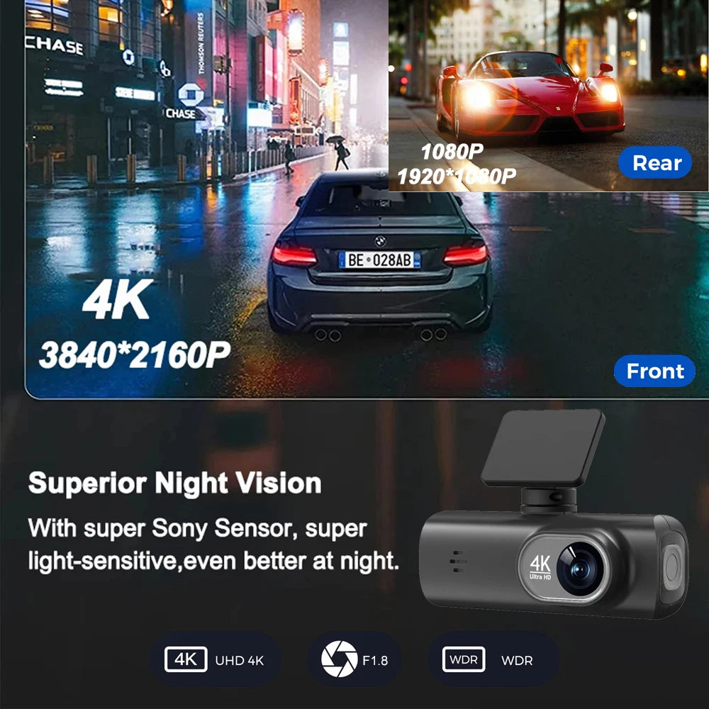 GlowRide™ AI Dash Cam 4K WiFi — Dual Lens Front & Rear Night Vision