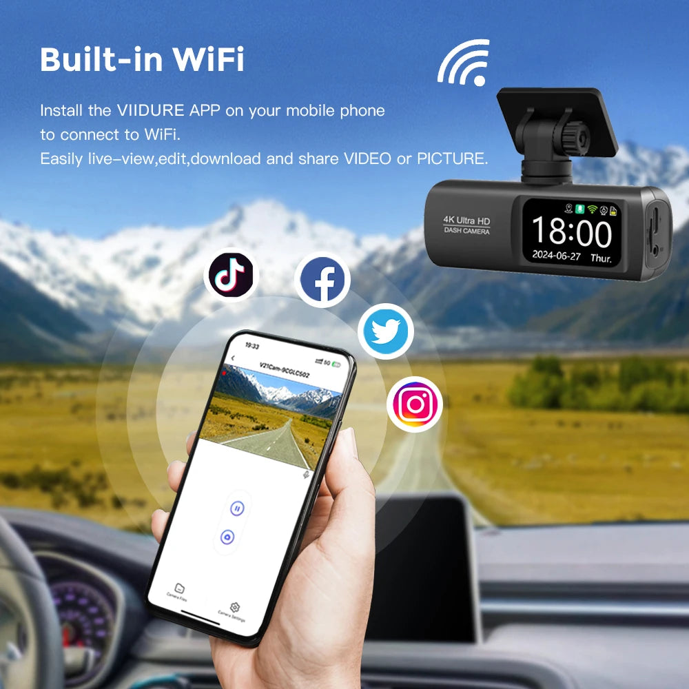 GlowRide™ AI Dash Cam 4K WiFi — Dual Lens Front & Rear Night Vision