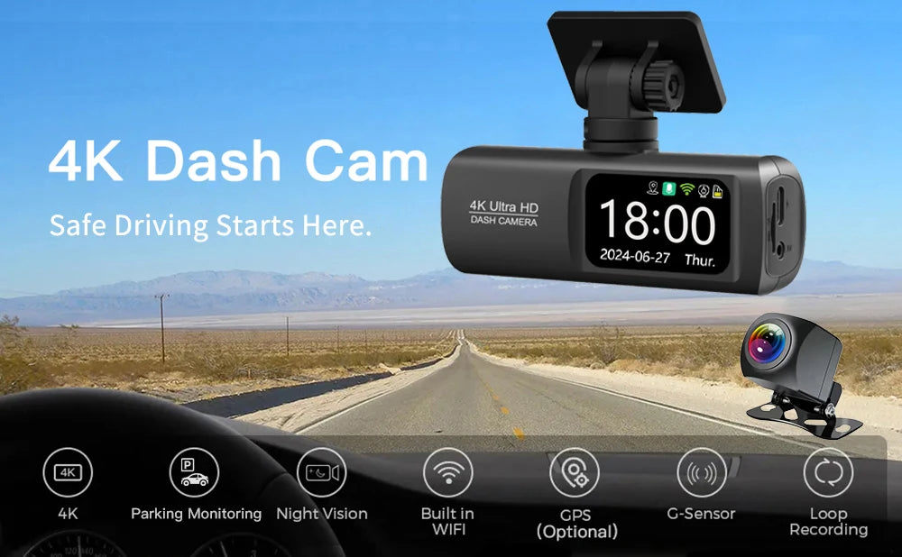 GlowRide™ AI Dash Cam 4K WiFi — Dual Lens Front & Rear Night Vision